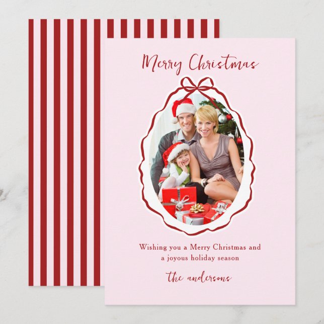 Festive red pink Bow Frame Photo Christmas   Holiday Card (Front/Back)