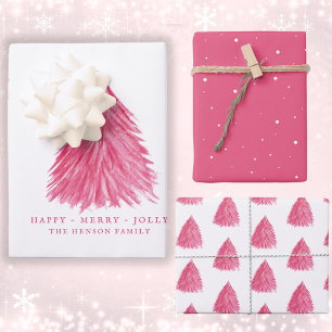 Festive Red Pink Christmas Tree Watercolor Holiday Wrapping Paper Sheet