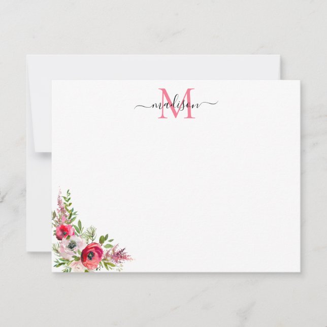 Festive Red Pink Floral Christmas Holiday Monogram Card (Front)
