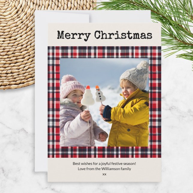 Festive Red Plaid Custom Photo Christmas Holiday Card (A Christmas holiday card personalized with a photo in a square tartan border and custom message)