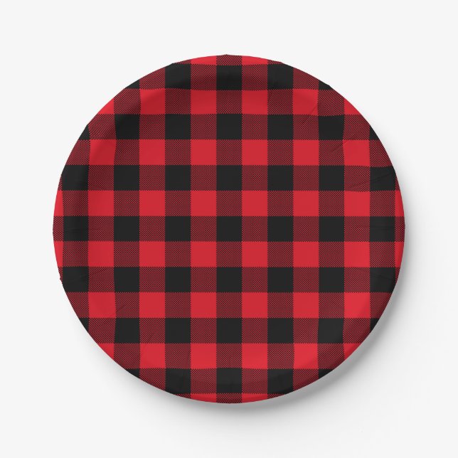 Festive Red Plaid Pattern Holiday Paper Plate (Front)