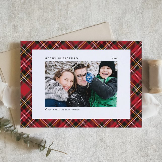 Festive Red Plaid Pattern Merry Christmas Photo (Festive Red Tartan Plaid Pattern Merry Christmas Photo Holiday Card)