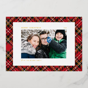 Festive Red Plaid Pattern Photo Merry Christmas Foil Holiday Card