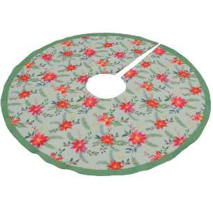 Festive Red Poinsettia Christmas Floral Brushed Polyester Tree Skirt