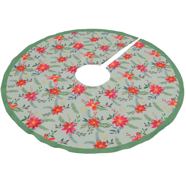 Festive Red Poinsettia Christmas Floral Brushed Polyester Tree Skirt (Angled)