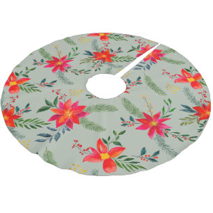 Festive Red Poinsettia Christmas Floral Brushed Polyester Tree Skirt