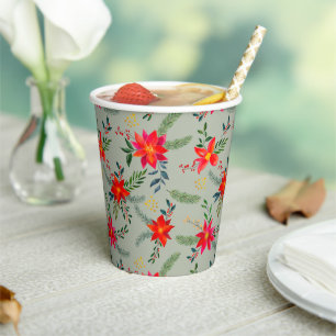 Festive Red Poinsettia Christmas Floral Paper Cups