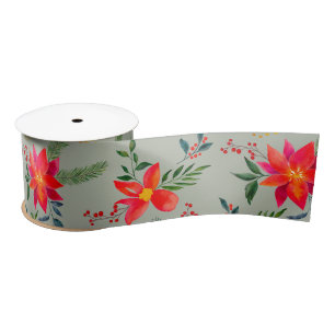 Festive Red Poinsettia Christmas Floral Satin Ribbon