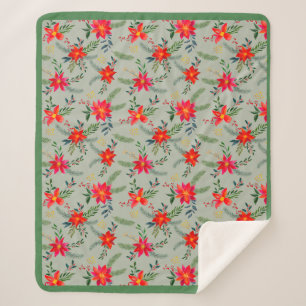 Festive Red Poinsettia Christmas Floral Sherpa Blanket