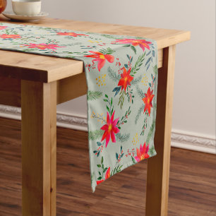 Festive Red Poinsettia Christmas Floral Short Table Runner