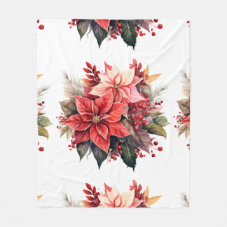 Festive Red Poinsettia Christmas Flowers Fleece Blanket