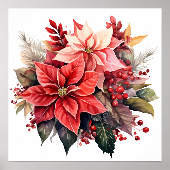 Festive Red Poinsettia Christmas Flowers Poster (Front)
