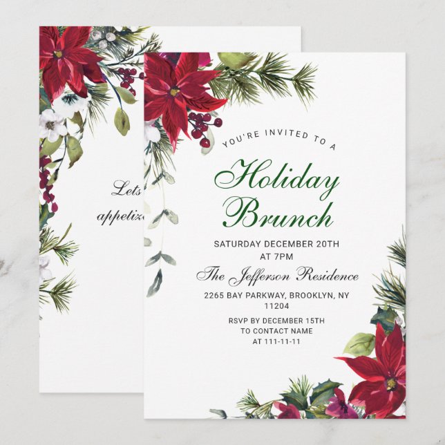 Festive Red Poinsettia Christmas Holiday Brunch Invitation (Front/Back)