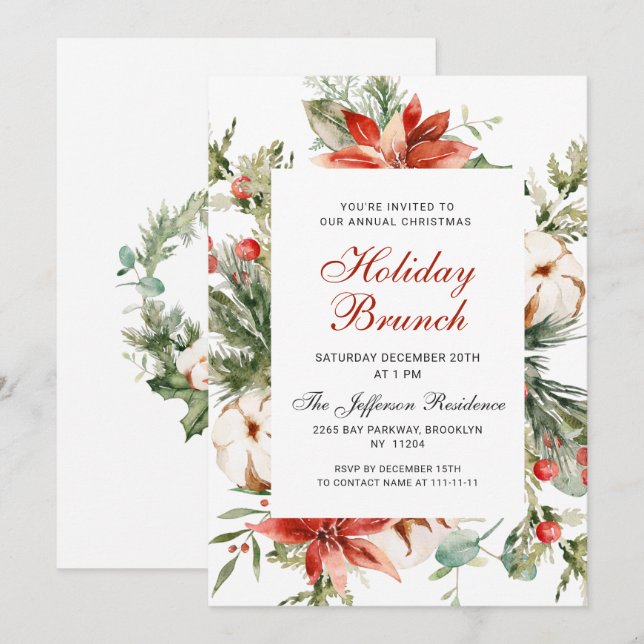 Festive Red Poinsettia Christmas Holiday Brunch Invitation (Front/Back)