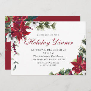 Festive Red Poinsettia Christmas Holiday Dinner Invitation