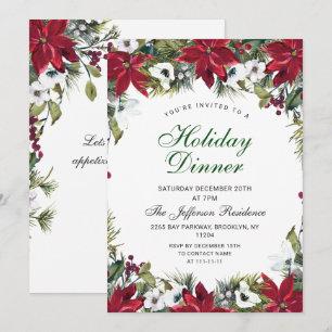 Festive Red Poinsettia Christmas Holiday Dinner Invitation