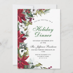 Festive Red Poinsettia Christmas Holiday Dinner Invitation