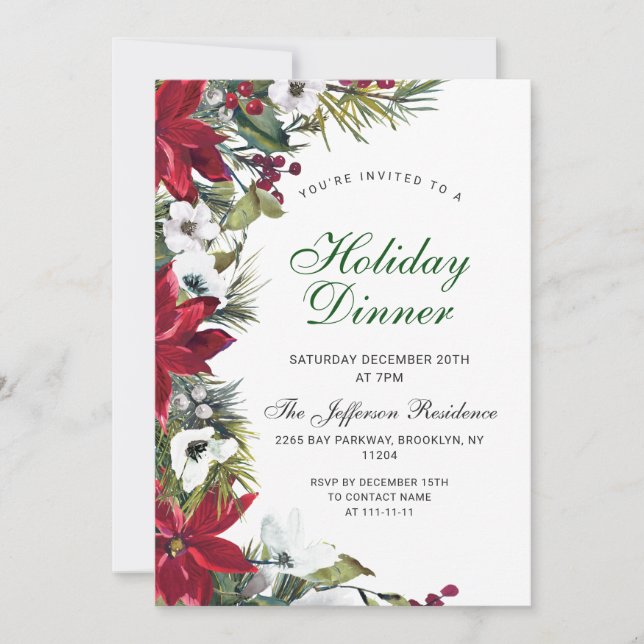 Festive Red Poinsettia Christmas Holiday Dinner Invitation (Front)
