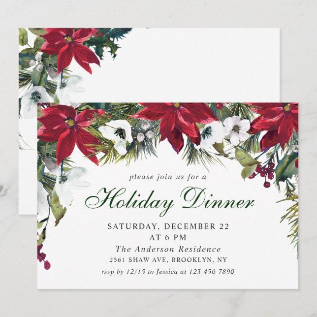 Festive Red Poinsettia Christmas Holiday Dinner Invitation (Front/Back)