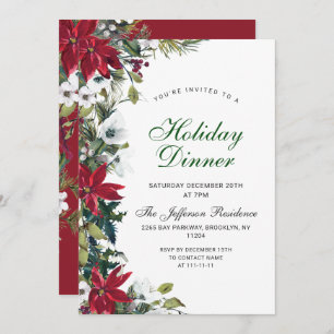 Festive Red Poinsettia Christmas Holiday Dinner Invitation