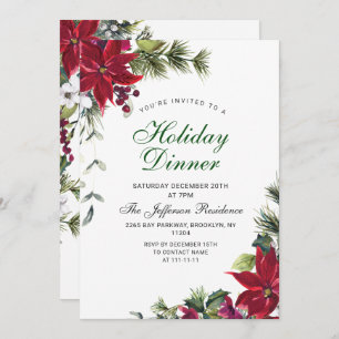 Festive Red Poinsettia Christmas Holiday Dinner Invitation