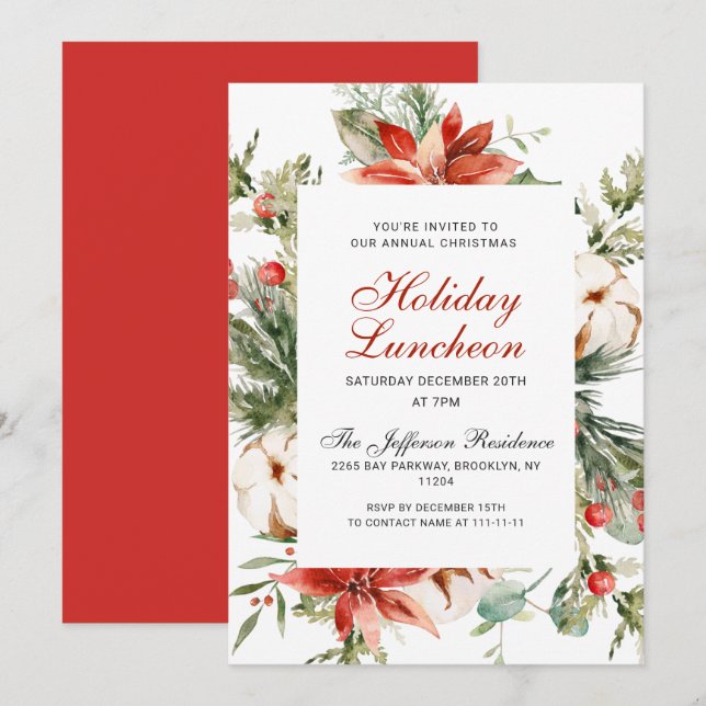 Festive Red Poinsettia Christmas Holiday Luncheon Invitation (Front/Back)