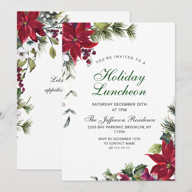 Festive Red Poinsettia Christmas Holiday Luncheon Invitation (Front/Back)