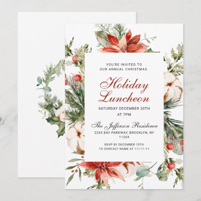Festive Red Poinsettia Christmas Holiday Luncheon Invitation (Front/Back)