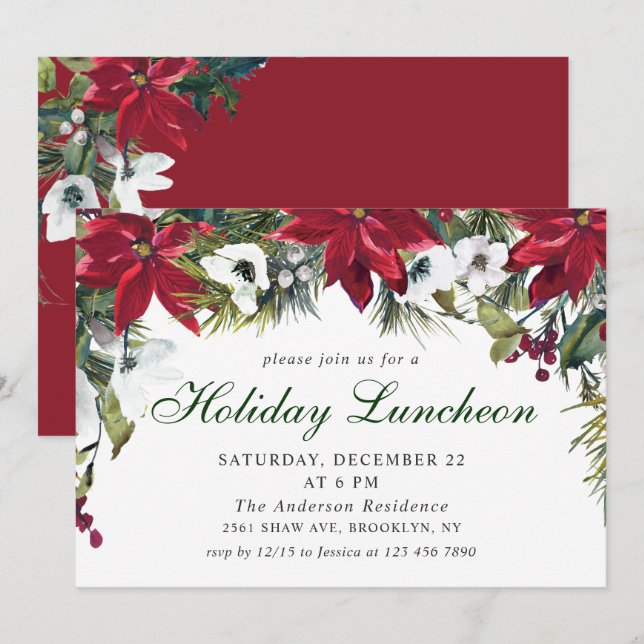 Festive Red Poinsettia Christmas Holiday Luncheon Invitation (Front/Back)