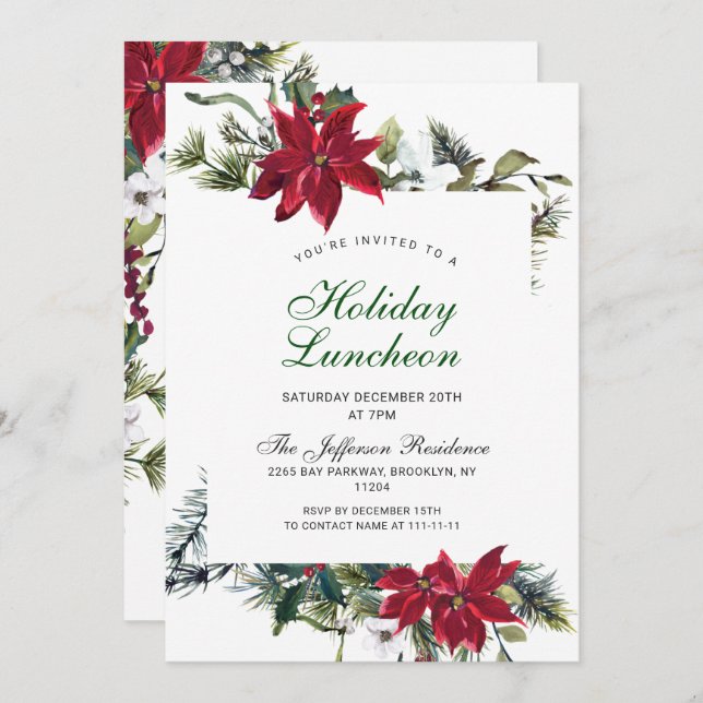 Festive Red Poinsettia Christmas Holiday Luncheon Invitation (Front/Back)