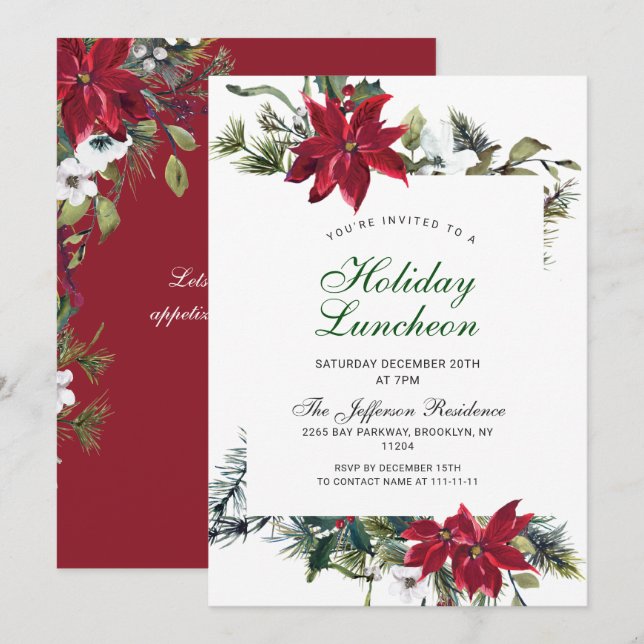 Festive Red Poinsettia Christmas Holiday Luncheon Invitation (Front/Back)