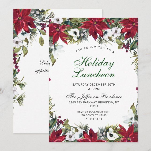 Festive Red Poinsettia Christmas Holiday Luncheon Invitation (Front/Back)
