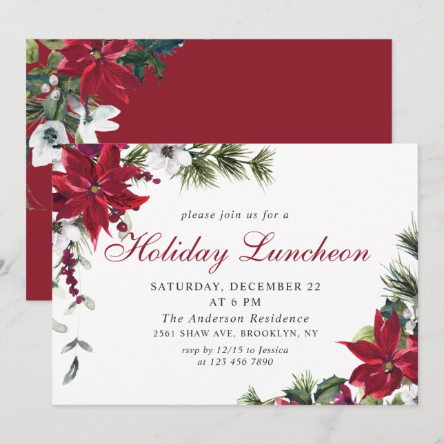 Festive Red Poinsettia Christmas Holiday Luncheon Invitation (Front/Back)