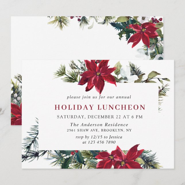 Festive Red Poinsettia Christmas HOLIDAY LUNCHEON Invitation (Front/Back)