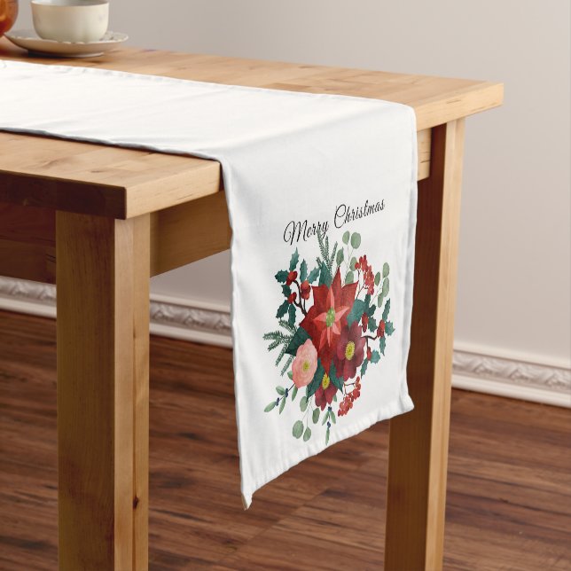Festive Red Poinsettia Christmas Holiday Short Table Runner (In Situ)