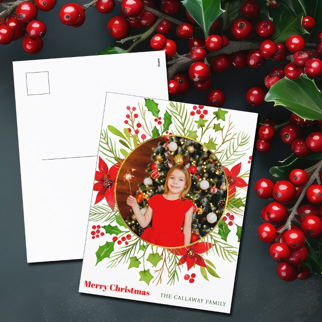 Festive Red Poinsettia Christmas Kids Photo Holiday Postcard (Creator Uploaded)