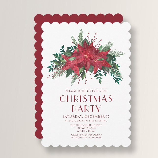 Festive Red Poinsettia Christmas Party Invitation (Festive Red Poinsettia Christmas Party Invitation)