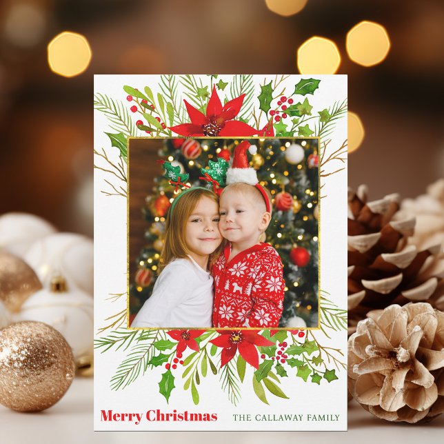 Festive Red Poinsettia Floral Christmas Kids Photo Holiday Card (Creator Uploaded)