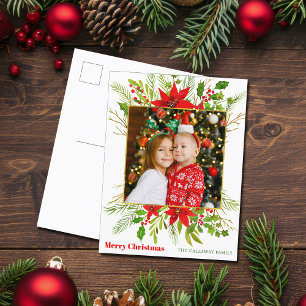 Festive Red Poinsettia Floral Christmas Kids Photo Holiday Postcard