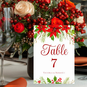Festive Red Poinsettia Floral Holiday Wedding Table Number