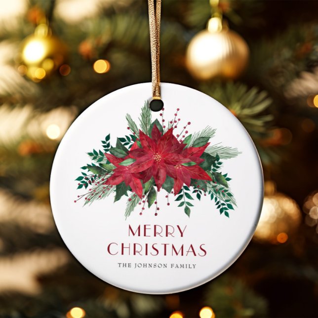 Festive Red Poinsettia Floral Merry Christmas Ceramic Tree Decoration (Festive Red Poinsettia Floral Merry Christmas Ceramic Ornament)