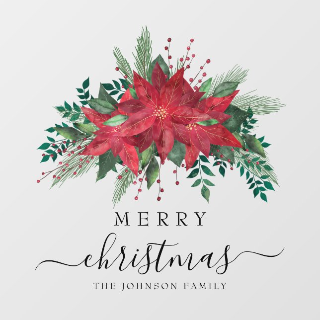 Festive Red Poinsettia Floral Merry Christmas  Window Cling (Sheet)