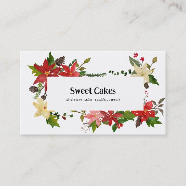Festive Red Poinsettia Flowers Christmas Bakery  Business Card (Front)