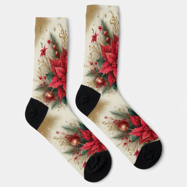 Festive Red Poinsettia Glitter Floral Crew Socks (Right)
