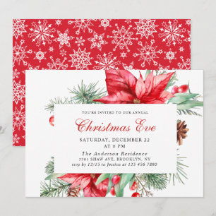 Festive Red Poinsettia Holiday Christmas Eve Party Invitation