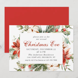 Festive Red Poinsettia Holiday Christmas Eve Party Invitation