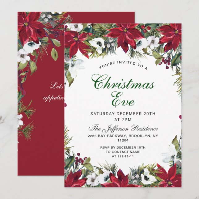 Festive Red Poinsettia Holiday Christmas Eve Party Invitation (Front/Back)