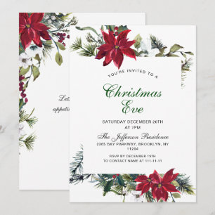 Festive Red Poinsettia Holiday Christmas Eve Party Invitation