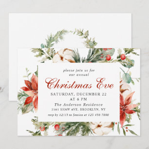 Festive Red Poinsettia Holiday Christmas Eve Party Invitation