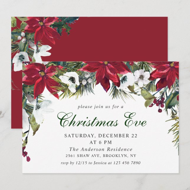 Festive Red Poinsettia Holiday Christmas Eve Party Invitation (Front/Back)